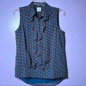 Cabi Medallion Reign Teal Printed Ruffle Blouse